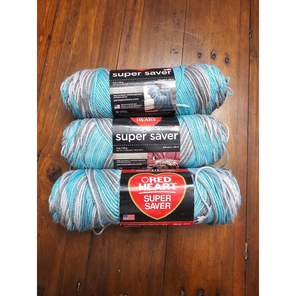 3 Red Heart Super Saver Yarn Icelandic Blue Grey Variegated Worsted